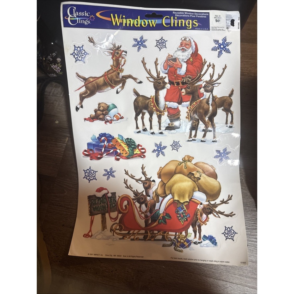 Vintage Style Window Clings 2001 Santa and His Reindeer Classic Clings